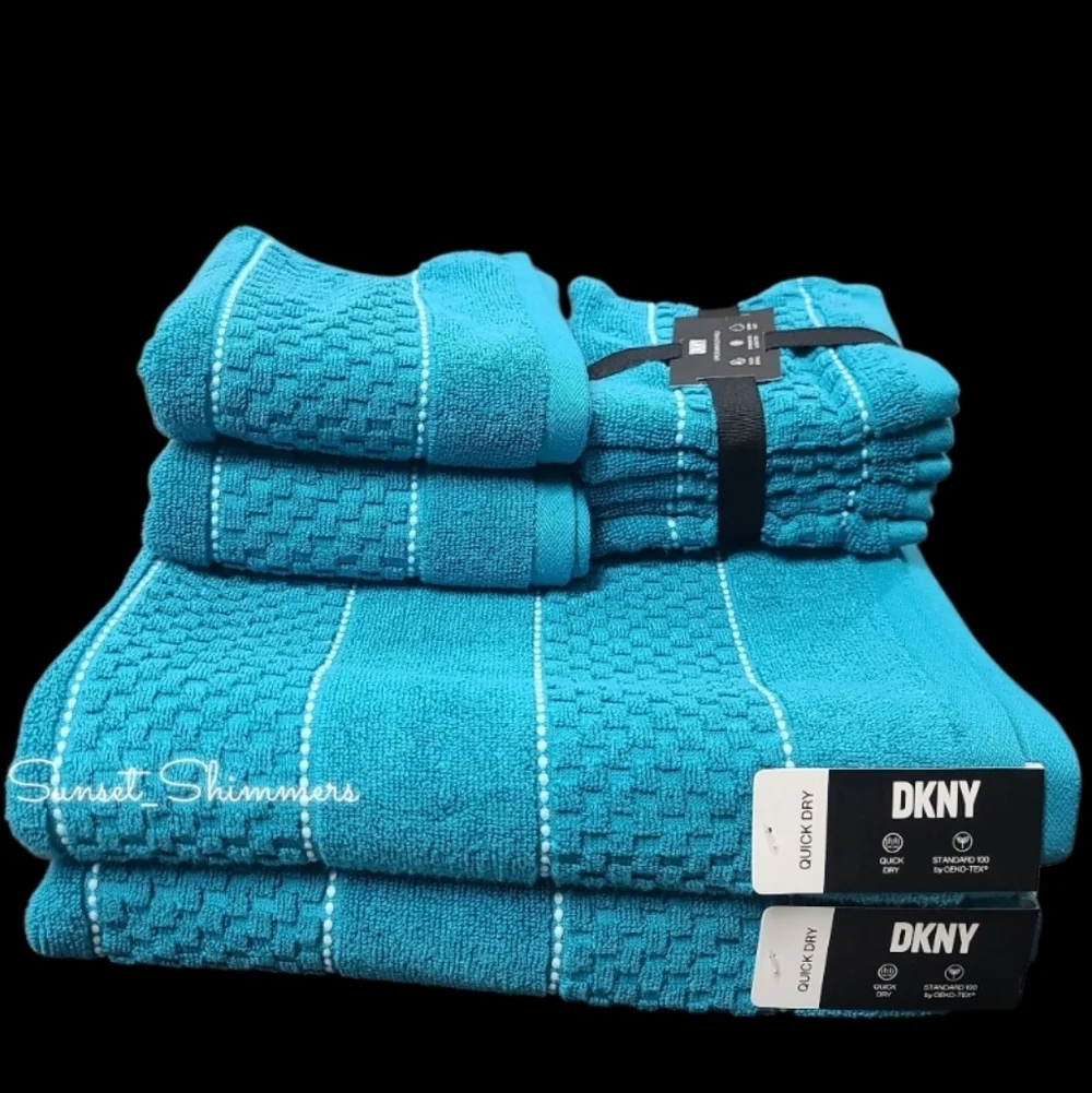 9pc DKNY White Textured Blue Dot Pin Stripe Bath Hand Washcloth Towel Set New
